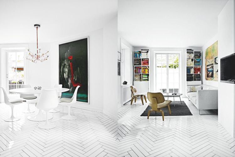White floors and black furniture - via Coco Lapine